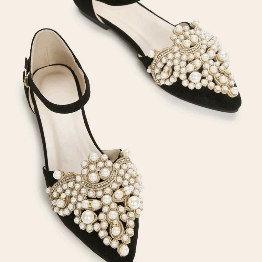 Point Toe Faux Pearl Decor Ankle Strap Flats - Picture 2 of 5